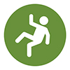 White person graphic in a green circle, icon representing fall prevention