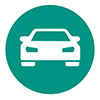 White car graphic in a teal circle, icon representing safe driving